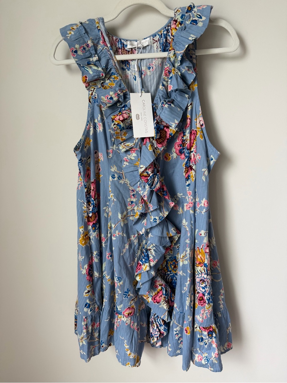 Caroline Constas Blue cotton Floral Print Ruffle mini Dress
